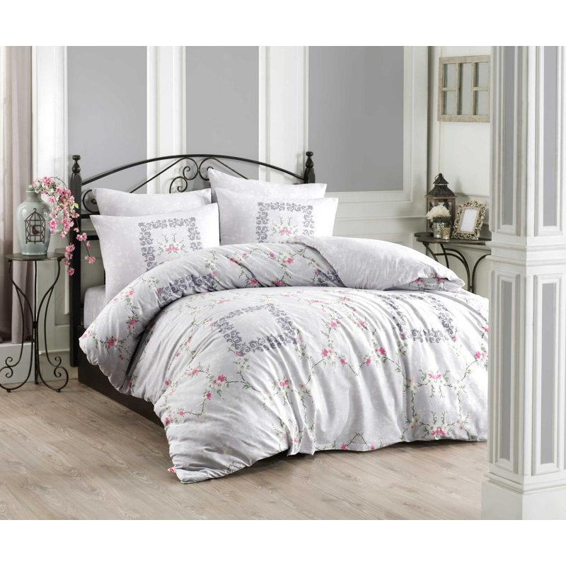 Cotton Floral Duvet Cover, Single (2'6), Grey/White