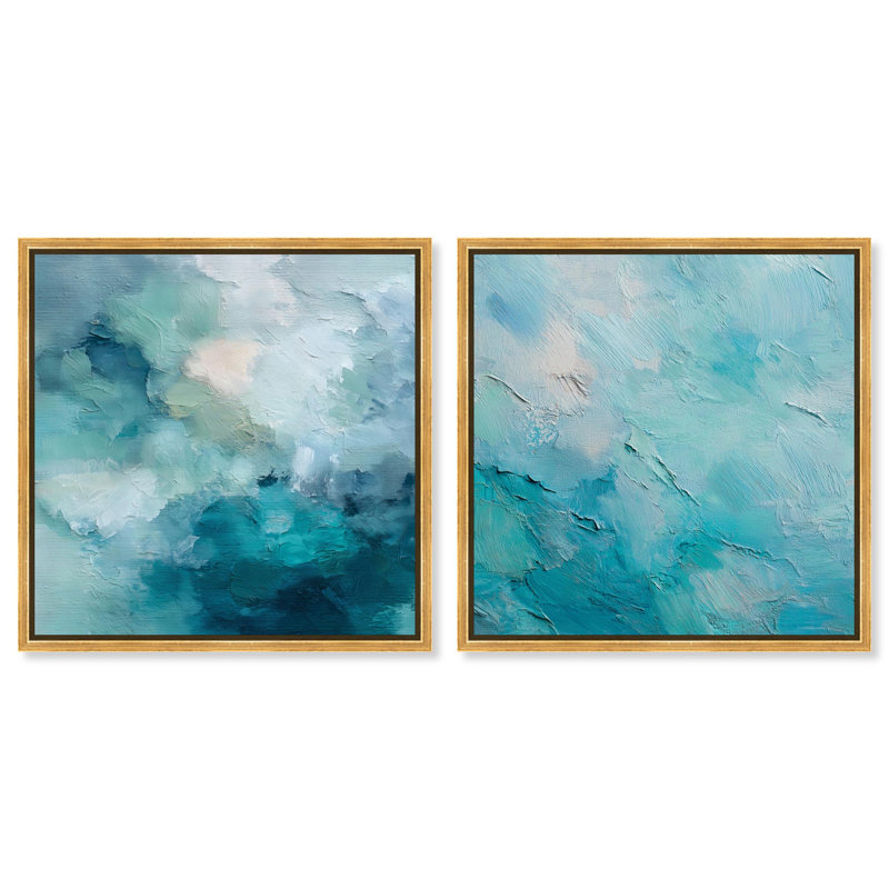 «Celeste Swirls Serenity pair», reproduction d'art sur toile, ensemble d'art abstrait côtier par Art Remedy, cadre doré, 16 x 16