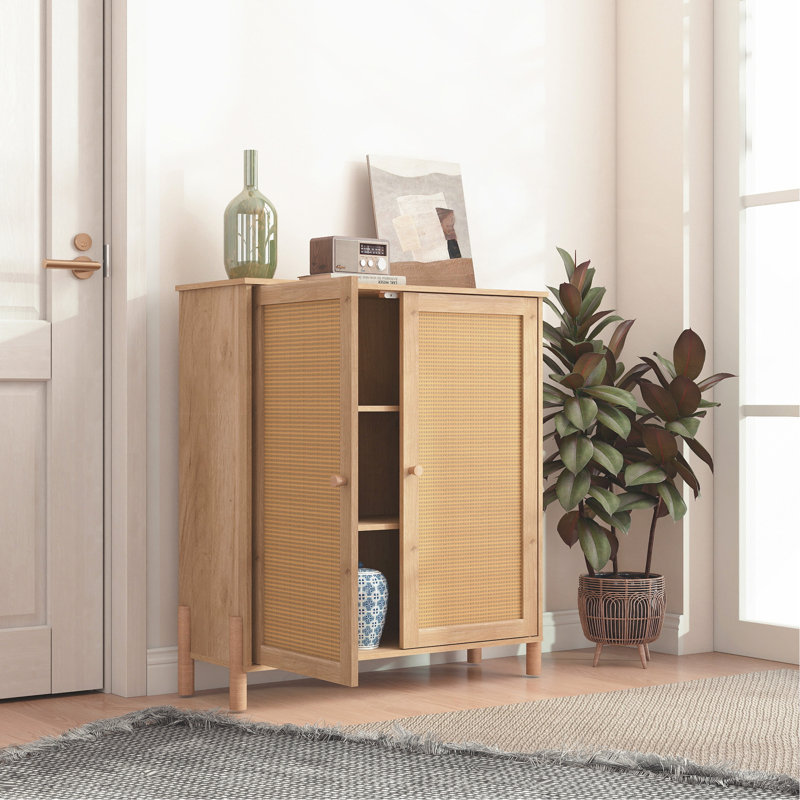 Armoire de rangement Mid-Century moderne avec portes en rotin tissé et tablettes réglables - parfaite pour le salon et la salle à manger