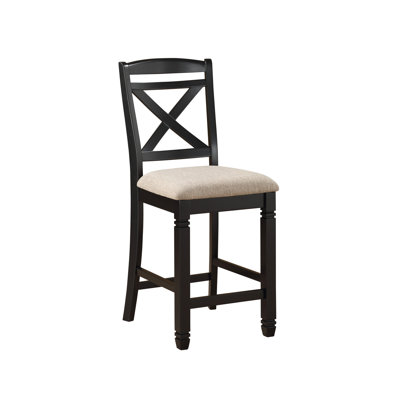 2Pc Dining Room Counter Height Chairs In Transitional Design - Black Wood With Beige Seat Style Seats Of 2 Wood, Fabric Upholstery