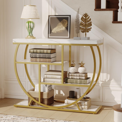 Console industrielle avec rangement à 4 niveaux, table de couloir étroite de 39 pouces avec cadre circulaire pour entrée, canapé derrière, appartement et salon