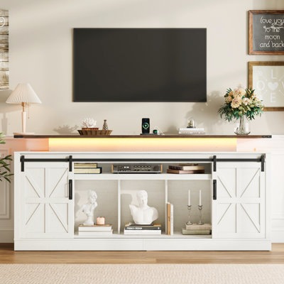 70.9 In Farmhouse Sliding Barn Door TV Stand Fits Up To 80 In TV, Media Console With LED Lights, Built-In Power Outlet & Adjustable Shelves For Living Room