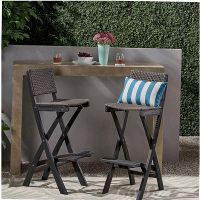 41.75" Outdoor Folding Acacia Wood Barstools with PE Rattan Backrest and Seat, Dark Grey Finish (Set of 2)