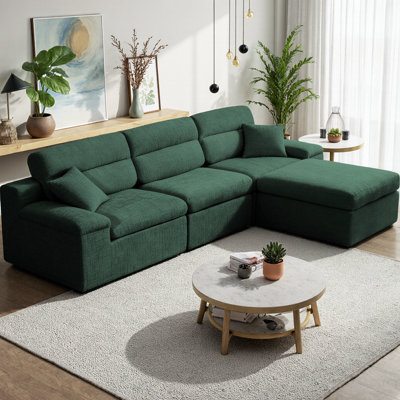 Canapé d'angle en L avec dossier haut, tissu chenille moelleux flammé
