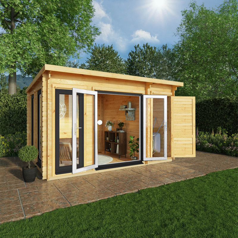 13ft x 10ft Studio Pent Log Cabin With Side Shed UPVC Windows & Doors (44mm), Grey/Natural Timber