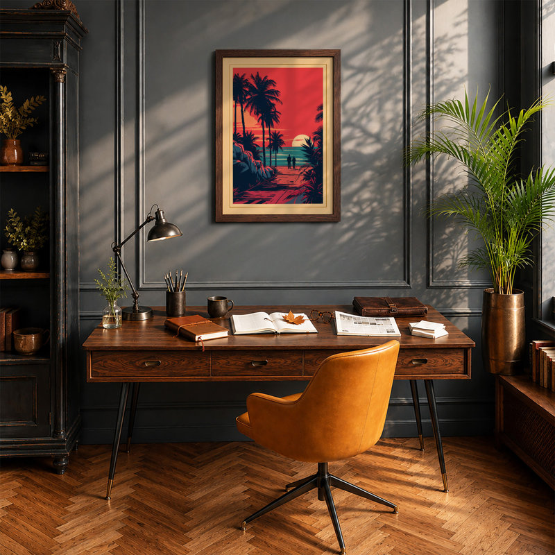 Tropical Sunset Palms Retro - Framed Print, Walnut, A3 - 42.0 x 29.7 cm