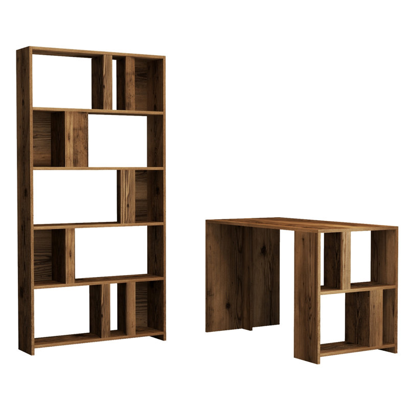 Ensemble de bureau et bibliothèque moderne en noyer de 47,2 po x 29,7 po x 23,6 po et de 35,4 po x 70,9 po x 7,9 po | 100% panneau de particules enduit de mélamine, épaisseur: 0,7 pouce | Nombreuses tablettes, montage mural élégant et élégant