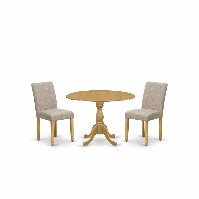 3 Piece Kitchen Table Set Contains a Round Dining Room Table with Dropleaf and 2 Light Tan Linen Fabric Parsons Dining Chairs, Oak