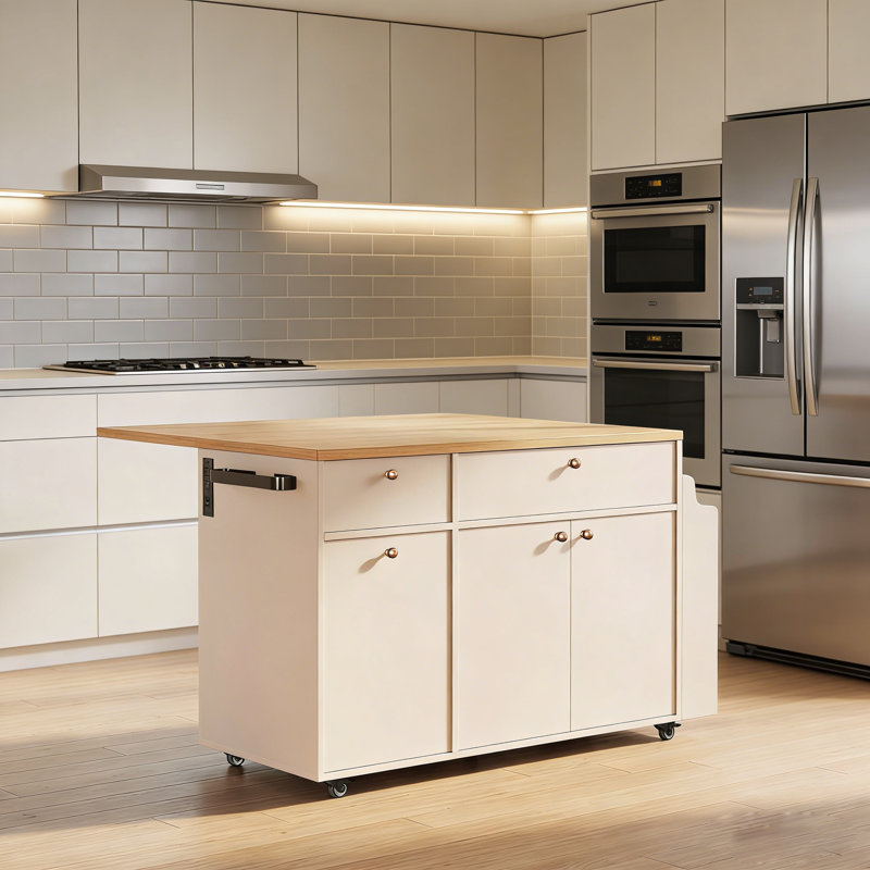 Chariot pour îlot de cuisine 48,8 po avec plateau rabattable en faux marbre noir, étagère à épices et rangement caché, Blanc