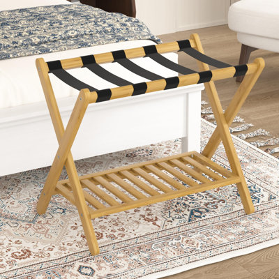 Ensemble de 2 porte-bagages pliables avec tablette de rangement pour valises, accessoires essentiels pour chambres d'hôtel, en bambou massif robuste, couleur naturelle.
