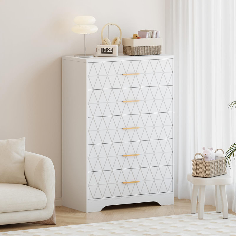 Tall Wooden 5 Drawer Dresser, Modern Chest with Gold Handles for Bedroom, Living Room, Hallway, White