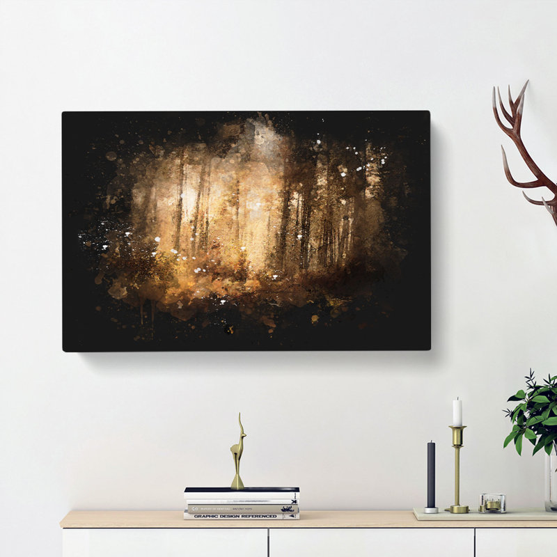 Forest In An Orange Glow Paint Splash - Wrapped Canvas Print, 60cm H x 91cm W x 3cm D
