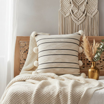 Hand-Woven Tan/Black Striped Jute/Cotton Blend Throw Pillow