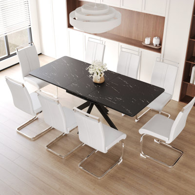 Dining Room For 6 - 8, 62.4" 78.15" Extendable Table, , Metal Legs, 8 Soft Padded Chairs, Sophisticated Style Person Table And Chair Arrangement, Exte