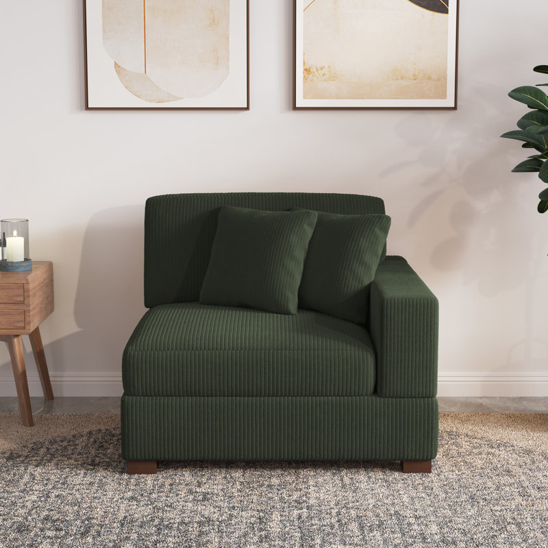 Milbrey Upholstered Green Corduroy Armchair with Pillow Back and Solid Wood Legs, Green, Corduroy
