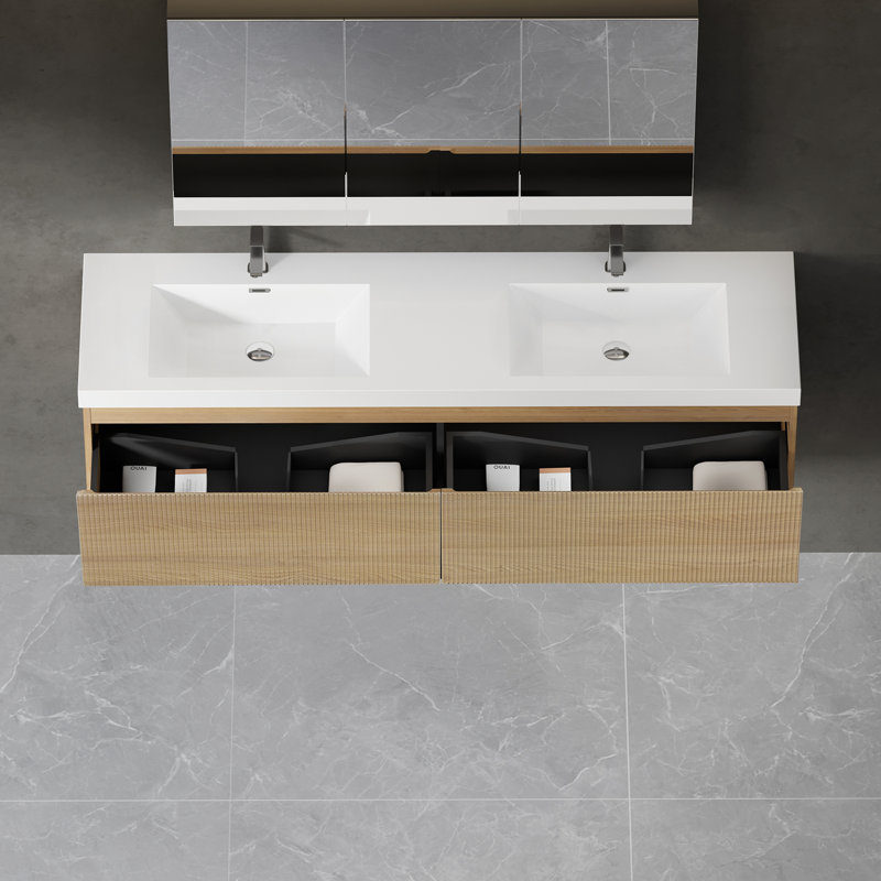 Meuble-lavabo flottant avec lavabo, Blanc, 71", Bois de chêne naturel