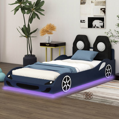 Lit plateforme en bois en forme de voiture avec DEL et dossier rembourré
