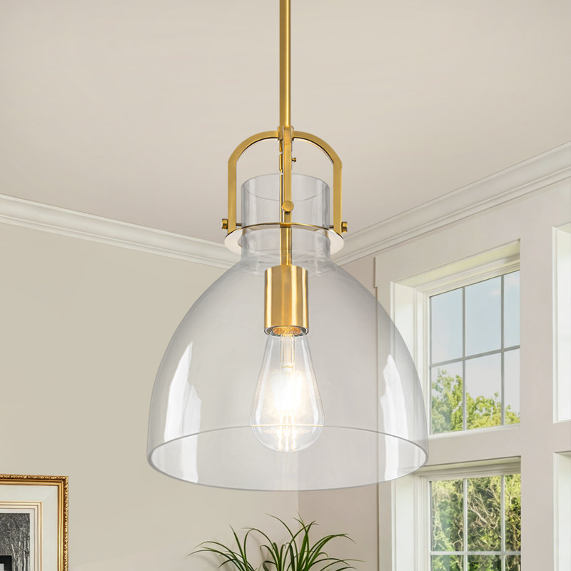 1 - Light Adjustable Pendant Light, Clear Bell Glass Shade for Kitchen Island, Dining Room, Gold