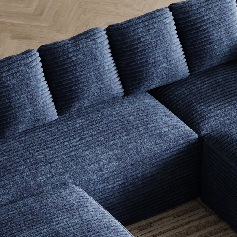 Canapé d'angle modulaire en velours côtelé en forme de U de 105 pouces avec deux poufs, Blue Corduroy