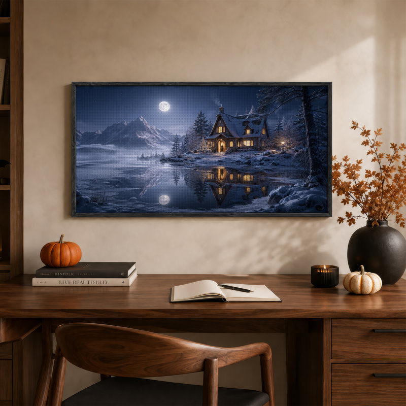 Toile enneigée au lac de lune, L 58 po x H 28 po