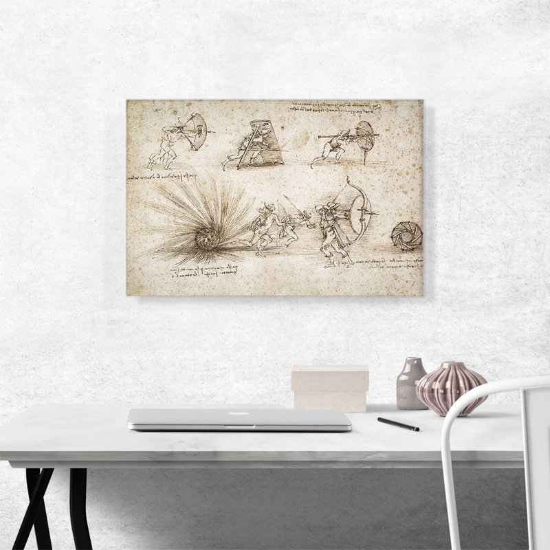 " Bow, Shield And Weapons Designs " by Leonardo Da Vinci Painting Print, 18" H x 26" W x 0.75" D