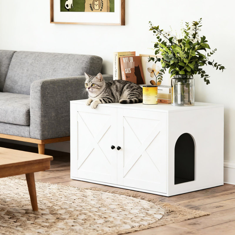 Multi - Purpose Cat Litter Box That Serves As A Side Table, White , 31.5" L X 20.9" W 19.7" H, Minimizes Odors Enclosure With Contemporary Design, Top Surface For Organizing Items
