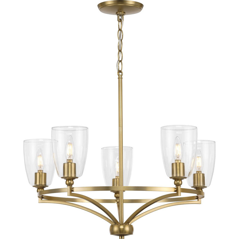 Lustre traditionnel 5 lumières en verre transparent, Bronze brossé