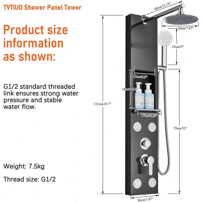 Black Stainless steel Shower Panel Column Tower Rainfall Massage Jets System Mixer Tap