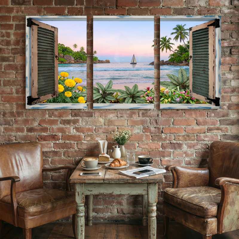 Landscape & Nature Tropical Beach View Through Window Shutter, 30" H x 60" W