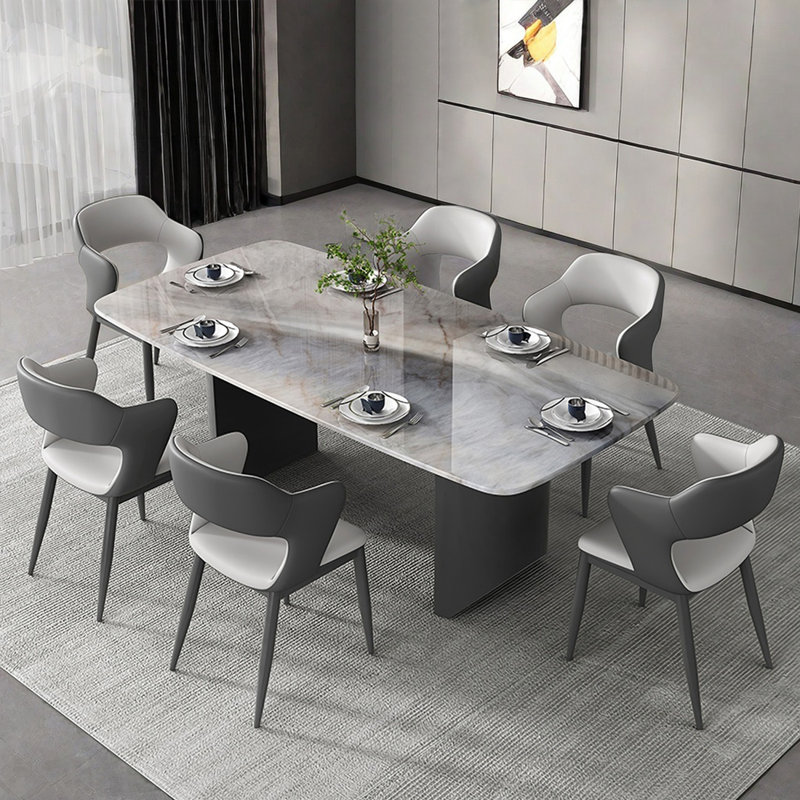 Modern Gray Microlite Rectangular Dining Table Sets, 5