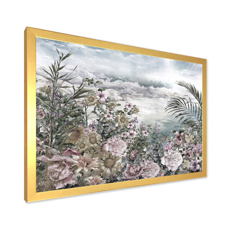 Fleurs rétro au bord de la mer - reproduction d'art sur toile, H 30 po x l 40 po x 1,5 po, Doré