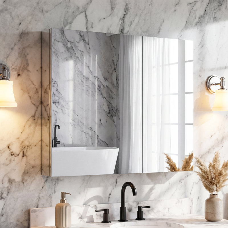 Pharmacie sans cadre à 2 portes avec miroir sans cuivre 36 po x H 30 po | Miroir en verre antidéflagrant | Tablette réglable en verre | L'installation encastrée et l'installation en surface sont toutes deux disponibles | Porte à fermeture douce