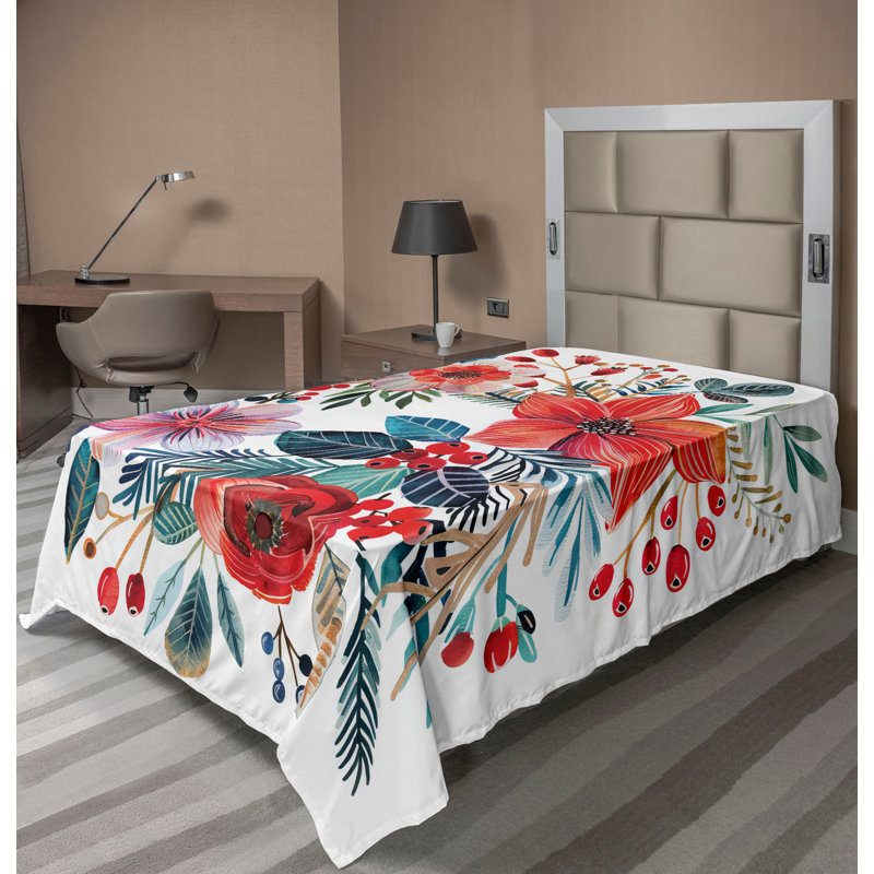 Drap plat moderne de style bohème Ambesonne, Drap plat pour lit simple TG, Corail foncé / motif floral bleu pétrole