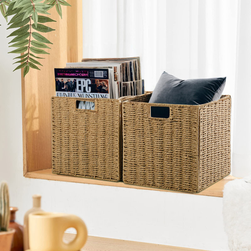 12" Collapsible Wicker Storage Baskets Storage Cubes Baskets Organizer Bins, 2 Pack, Tan