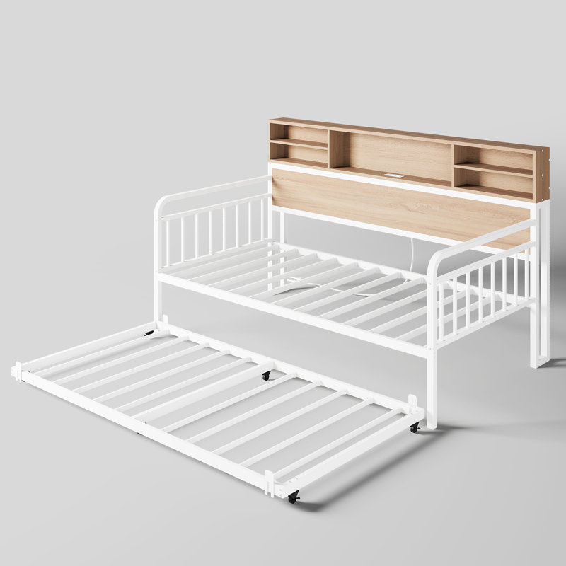 Storage Daybed With Trundle And Charging Station, Industrial Style Metal Daybed With Wood Bookcase, Twin Size Multi-Functional Platform Bed