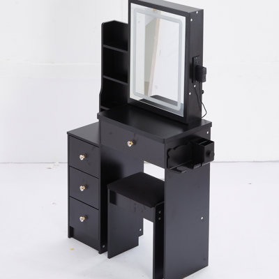 Small Bedroom Dressing Table With Chair, 2 Ac + Chargers, Large Sliding Touch-Control Led Mirror, , , Black Finish Left Side Living Room Desk Vanity - Ports, Extra Touch Cushioned Stool, American