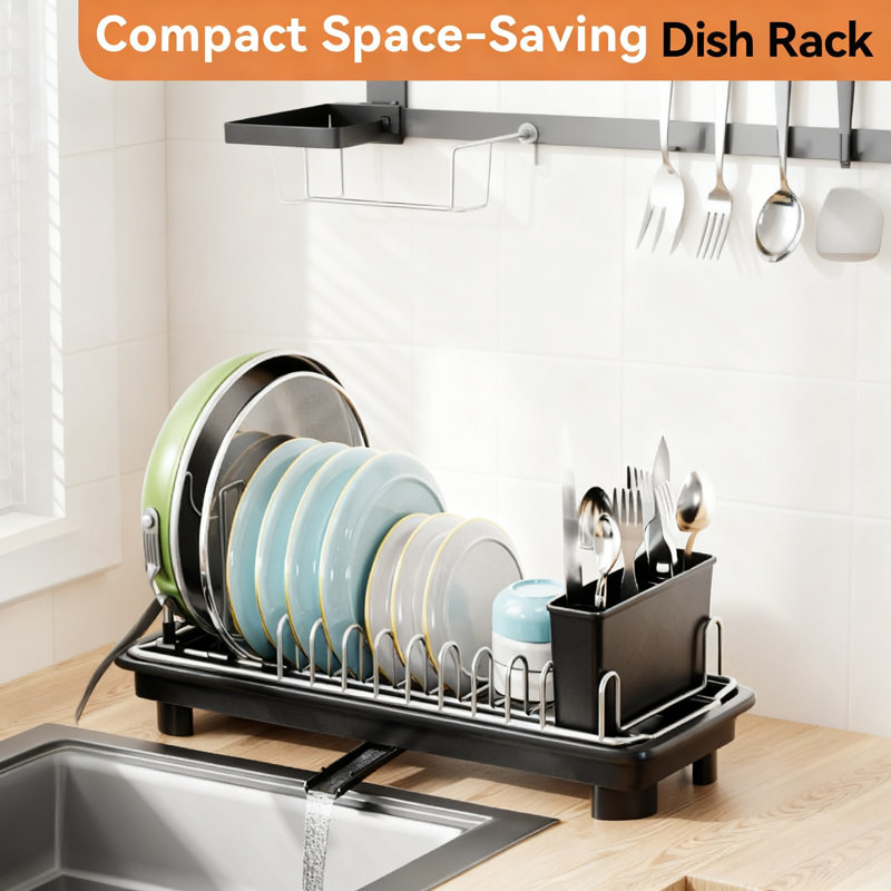 Compact Dish Drying Rack For Small Spaces, Adjustable Drainer With Efficient Water Drainage, Space-Saving Kitchen Counter Organizer