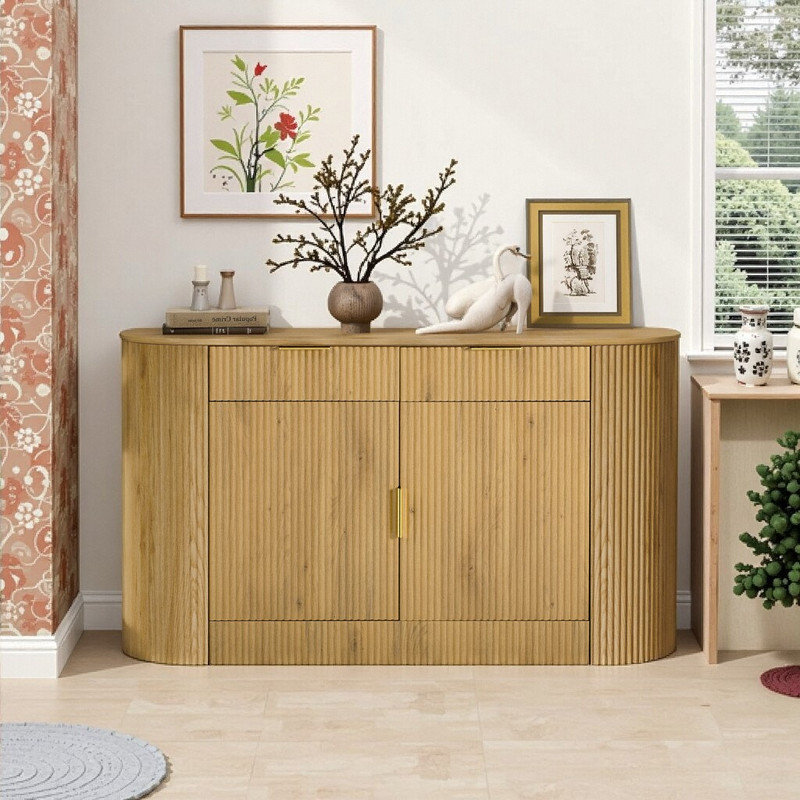 Buffet Sideboard 2 Door & 2 Drawer MDF With Stripe Texture & Aluminum Handles Curved Side Doors 3 Fixed Shelves, Brown