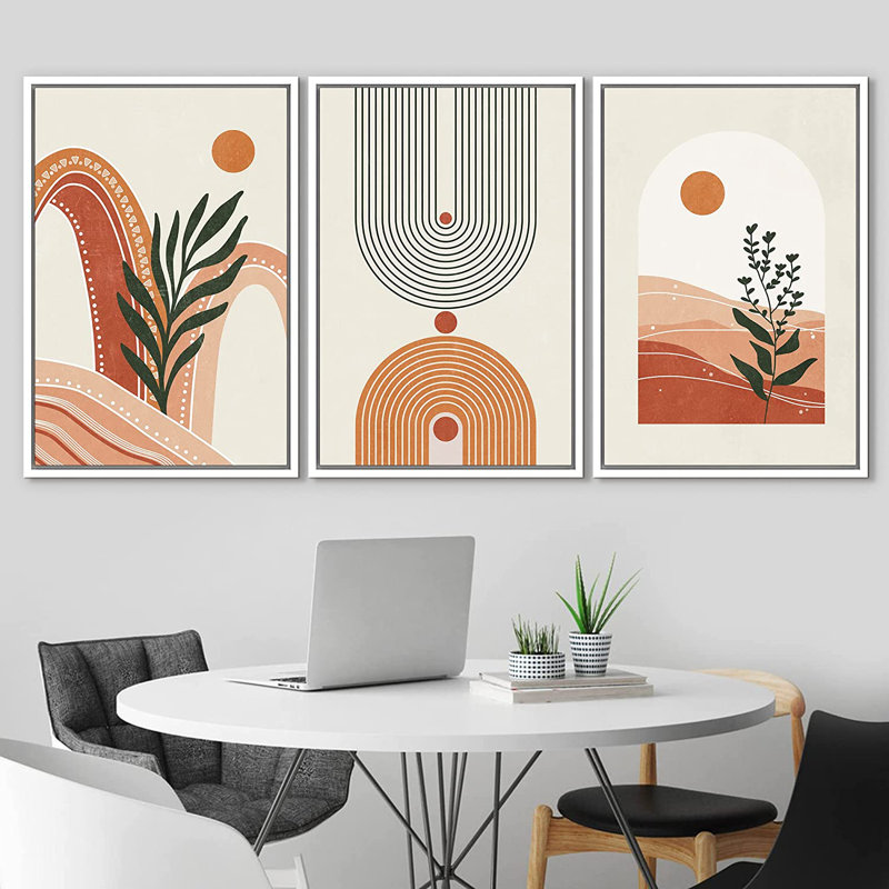 «Mid Century Modern Boho Sunny Desert Plants», ensemble de 3 impressions sur toile à cadre flottant, H 36 po x l 72 po, Blanc