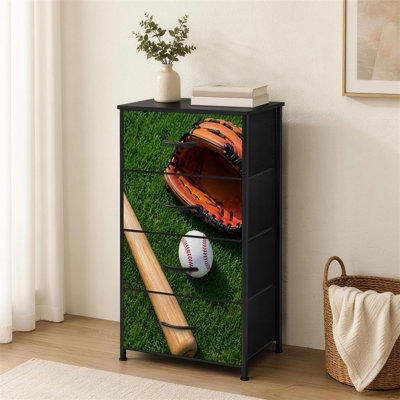 4-Drawer Dresser for Bedroom Baseball Equipment Ball Glove Wooden Bat Grass Small Tall Clothes Dresser for Closet Organizers with Chest of Drawers Fabric Storage Bins Dressers
