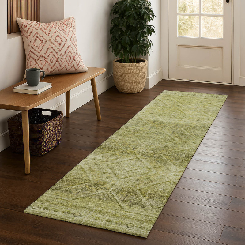 Premium Machine Washable Mayfield AMF2060 Geometric Rug, 2'3" x 7'6" Runner, Aloe