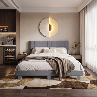 King Size Platform Bed Frame, Light Gray Upholstered Tufted Headboard With Solid Wood Slats