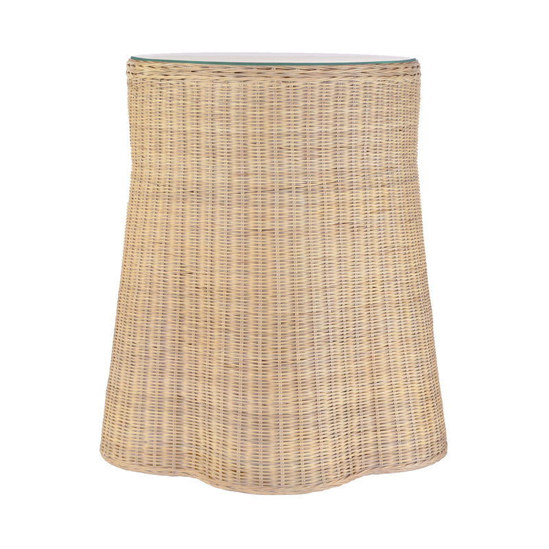 Natural Rattan Round Side Table with Glass Top and Storage