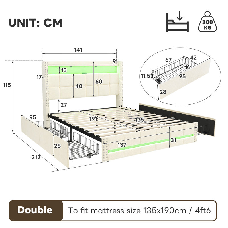 Upholstered Linen Drawers Bed Frame, Beige