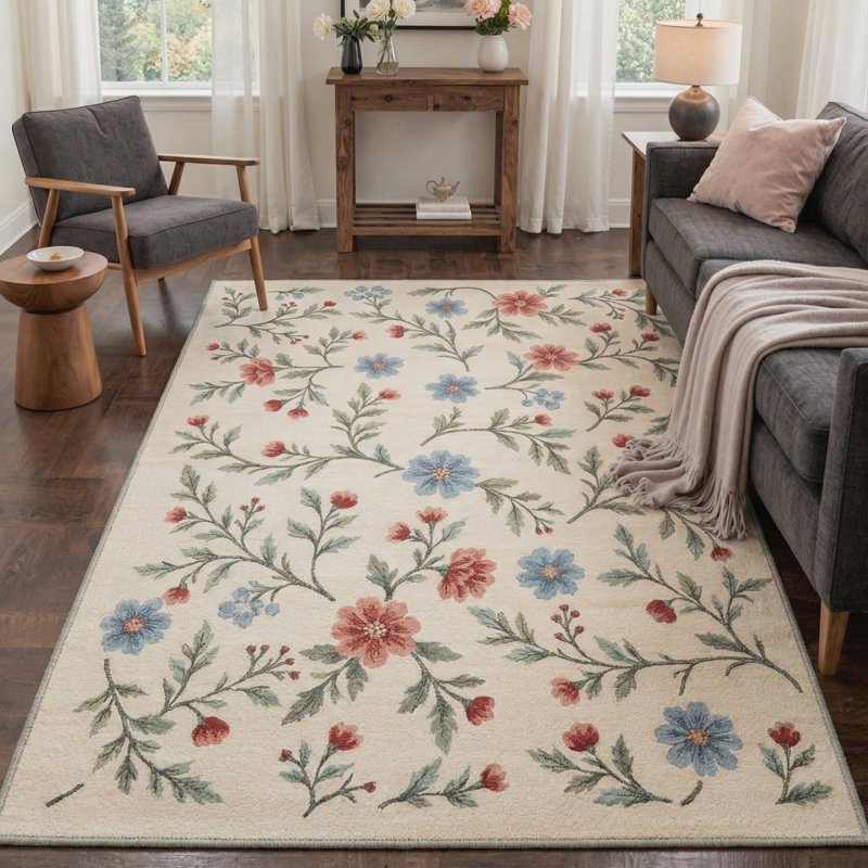 Aura Floral Machine Washable Beige / Blue / Red Indoor Area Rug with Non-Slip Backing, Round 5'