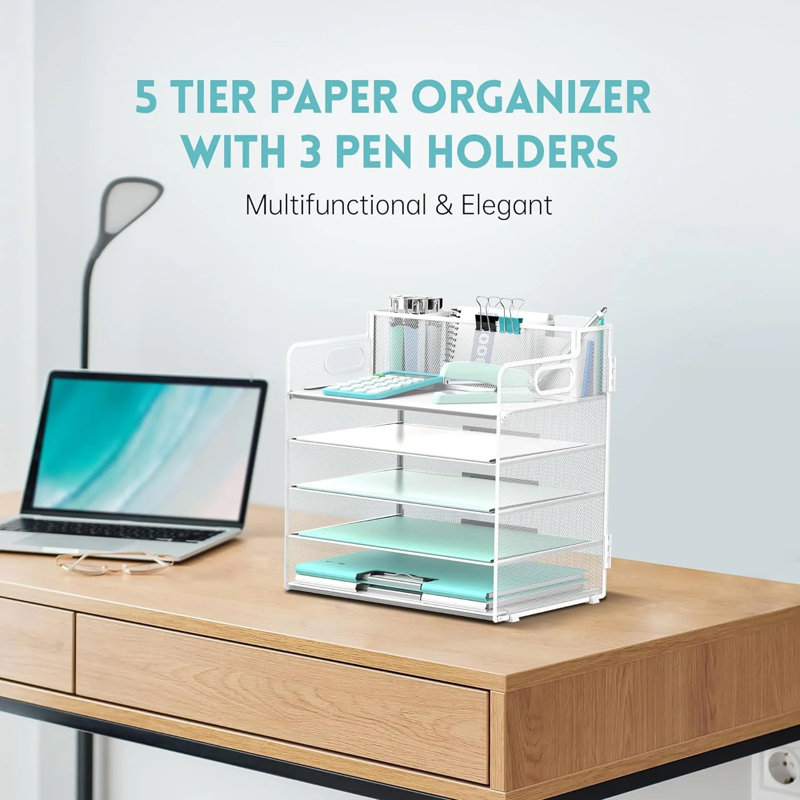 Organisateur de papier 5 plateaux avec 3 porte-crayons, Blanc