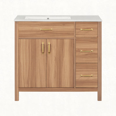 36" Wood Bathroom Vanity with Solid Wood Frame, 2 Soft Close Doors, 3 Soft Close Drawers, Adjustable Shelf, Modern Storage Cabinet for Small Bathrooms