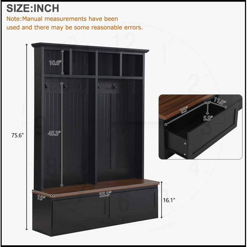Farmhouse 4-in-1 Hall Tree with Wood Grain Bench and 2 Large Drawers, Versatile Entrance Organizer for Hallway and Living Room