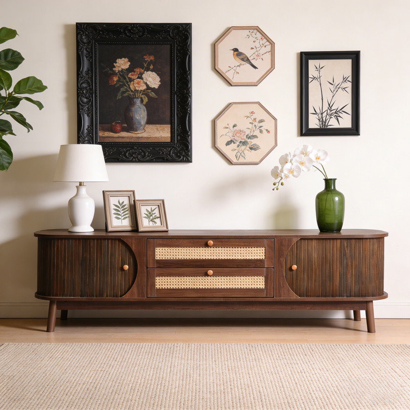 Meuble télé 75 po avec rotin tissé, console multimédia et centre de divertissement avec pieds en bois massif pour le salon
