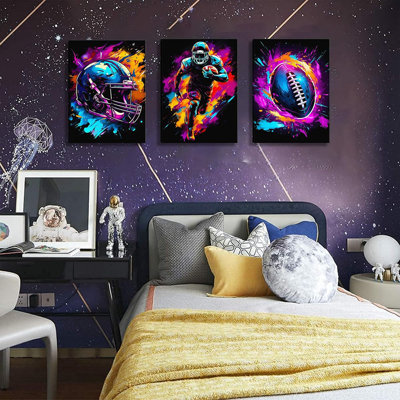 3 pièces Football toile Art mural aquarelle couleur Splash encre Rugby affiche Graffiti Cool Gaming Sport thème impression photo pour garçons adolescents enfants chambre salle de jeu décoration murale 12 x 16 po